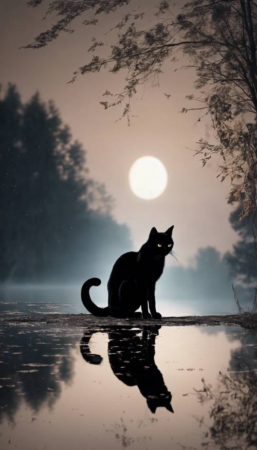 Gato preto caminhando à beira de um lago iluminado pela lua, lançando um reflexo alongado na água.