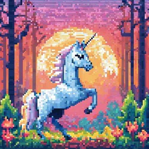 Pixel art simile a un mosaico raffigurante un incantevole unicorno con una criniera argentata che impenna in una foresta magica.