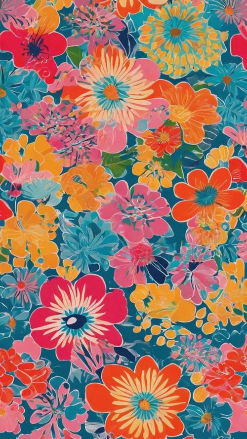 六十年代靈感花卉圖案布料，色彩鮮豔