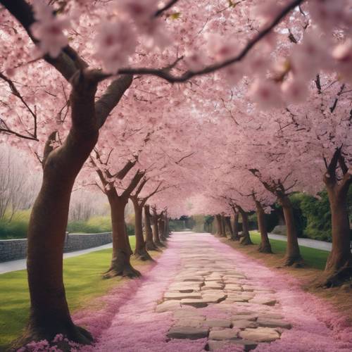 A tranquil garden path shaded by cherry blossom trees, its stone walkway scattered with soft pink petals.