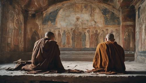 Ein beschädigtes altes Wandgemälde, das in einem verlassenen Kloster gefunden wurde und Mönche in tiefer Kontemplation zeigt.