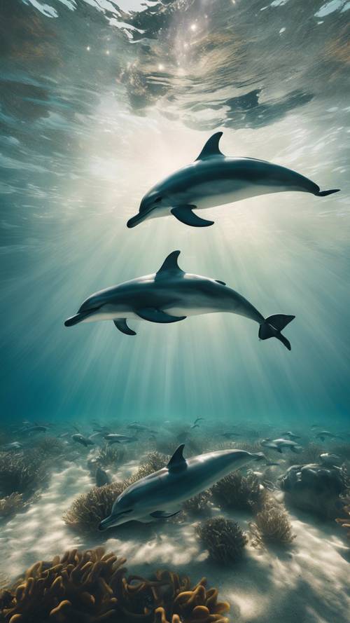 Uma cena subaquática serena vista do fundo do oceano, revelando um grupo de golfinhos nadando sem esforço contra a corrente.