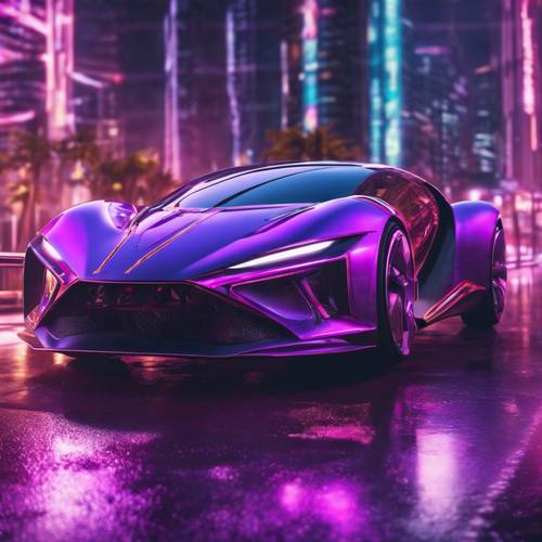 Mobil ungu futuristik dengan aksen neon, melaju di jalan raya berteknologi tinggi di kota fiksi ilmiah.