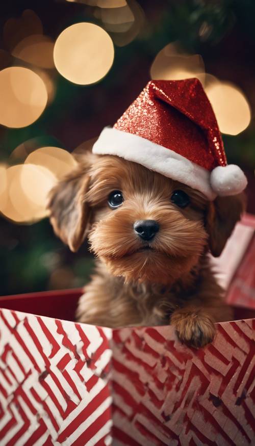 Un&#39;immagine accogliente che raffigura un simpatico cucciolo marrone che indossa un cappello natalizio scintillante e che spunta da una scatola regalo.