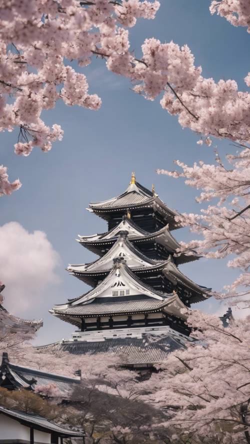 Himeji Castle during cherry blossom season, captured in a Japanese woodblock print style.