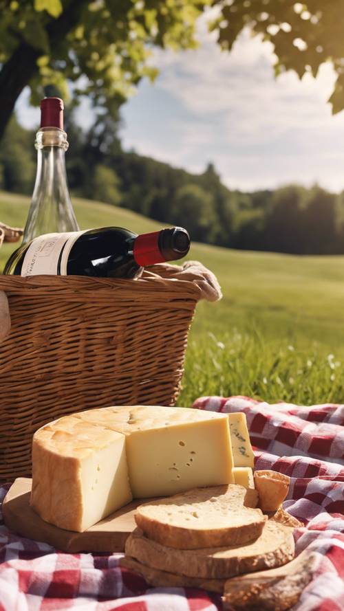 A typical French country picnic scenario with a checkered blanket, a bottle of red wine, baguettes, and cheese on a sunny day in a grassy field.