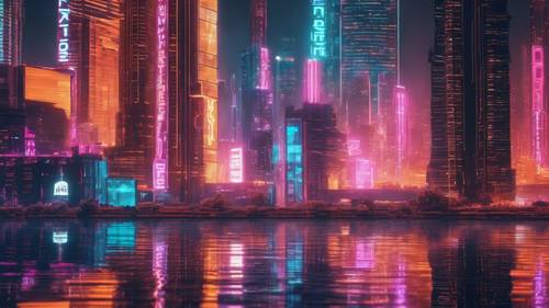 Pencakar langit bergaya Cyber-Y2K futuristik dengan papan reklame neon yang memantulkan pantulan sungai metalik.