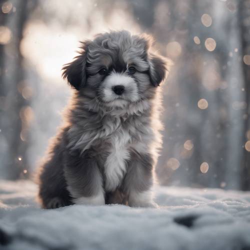 An adorable puppy with gray ombre fur, with its dark gray head fading to a soft silver near its tail.