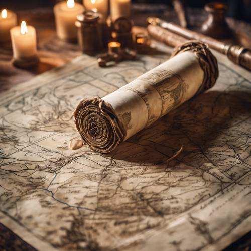 Un pergamino de papel blanco envejecido desenrollado sobre un mapa antiguo, con una pluma de aventurero sobre él.