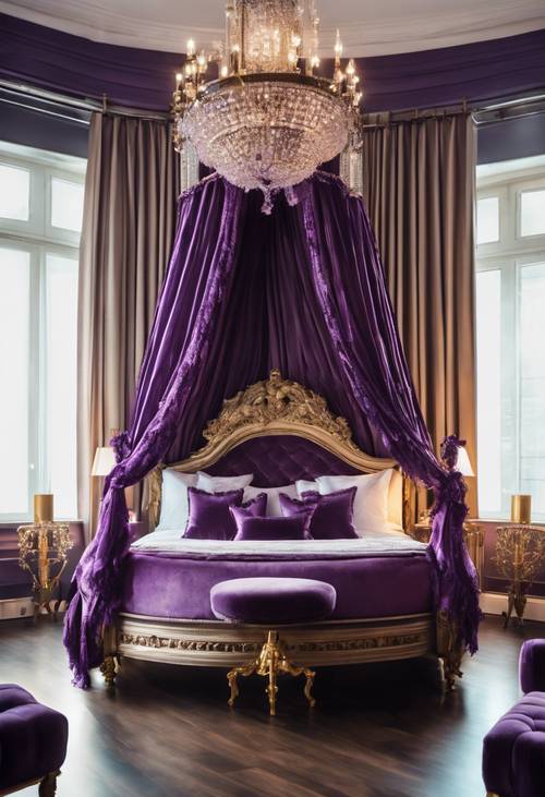 A lavish four-poster bed in an upscale hotel room with plush purple velvet beddings and an ornate chandelier hanging above