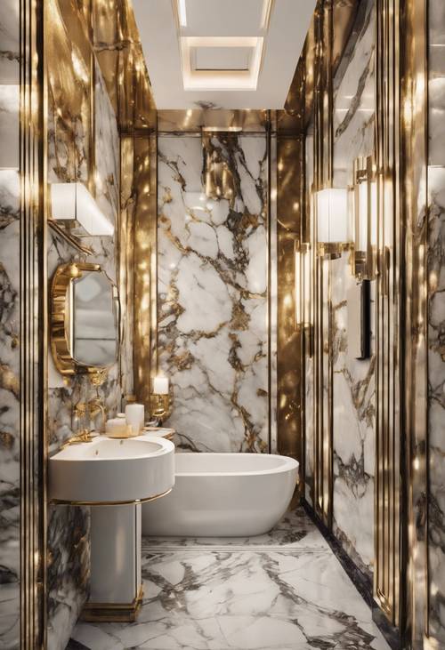 Un bagno Art Déco glamour e dal design intricato con un lussuoso tema in marmo e oro.