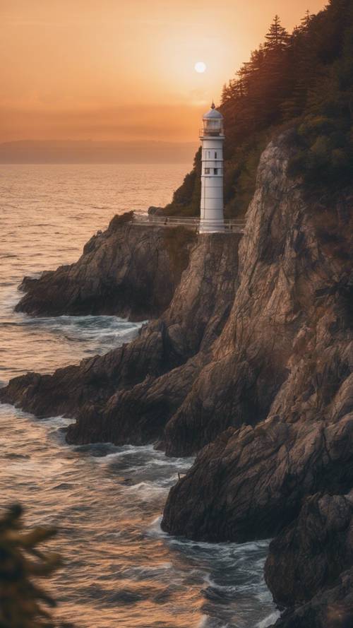 Ein Sonnenuntergang, der einen Leuchtturm an einer felsigen Küste beleuchtet.