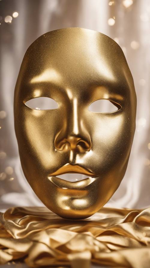 Una mascarilla facial con infusión de oro en un empaque premium que refleja su posición sobre una rica tela sedosa.