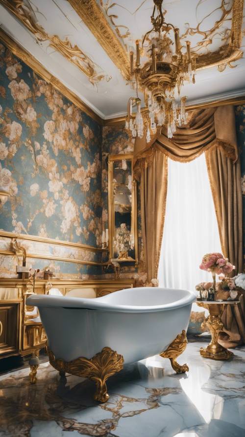 An opulent, Rococo-inspired bathroom with gold accents, a sunken tub, and ornate floral wallpaper.