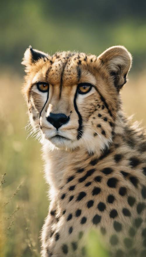 Cheetah dewasa yang realistis dengan bulu hijau zamrud yang halus di sabana Afrika yang subur.