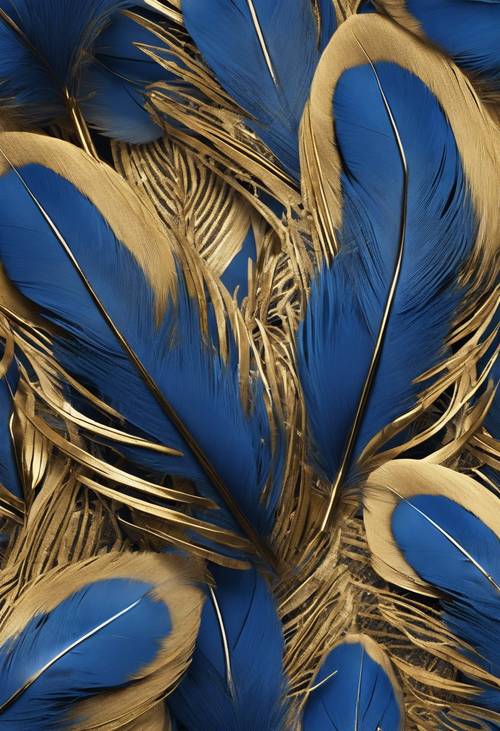 Wiederholtes Muster aus blauen Federn mit goldenen Akzenten, in einem sauberen Überlappungsstil angeordnet.