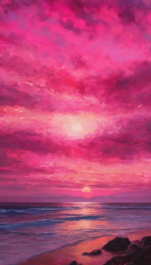 Lukisan impresionistis matahari terbenam yang romantis dengan langit memancarkan aura merah jambu yang hangat.
