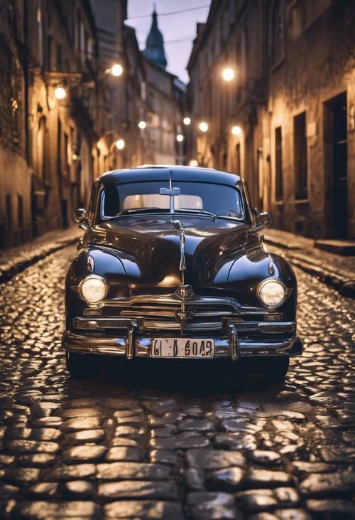 Une voiture ancienne avec des détails chromés brillants roulant sur une rue pavée sous un ciel étoilé.