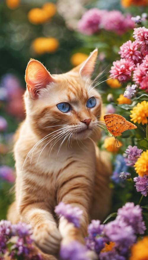 قطة سيامية زنجبيل مرحة تحاول الإمساك بفراشة في حديقة زهور الربيع الملونة.
