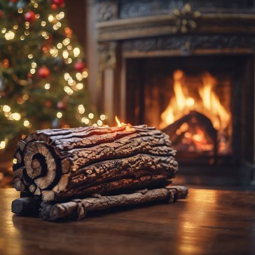 Kayu gelondongan kayu tradisional Yule terbakar di perapian antik yang berhias, dengan pohon Natal yang remang-remang di latar belakang.