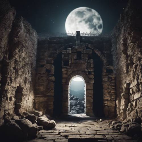 A dungeon under a full moon, casting eerie shadows.