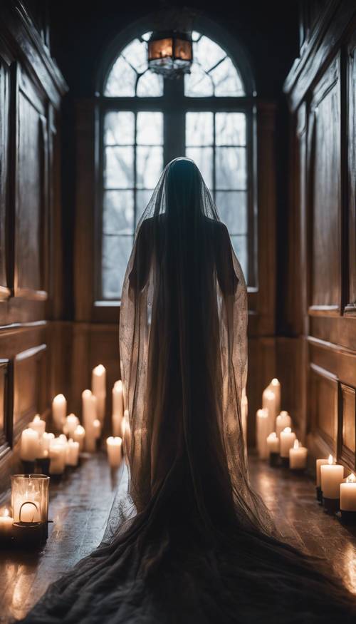 A ghostly veiled figure standing at the end of a long, shadowy, candle-lit corridor in a haunted mansion.