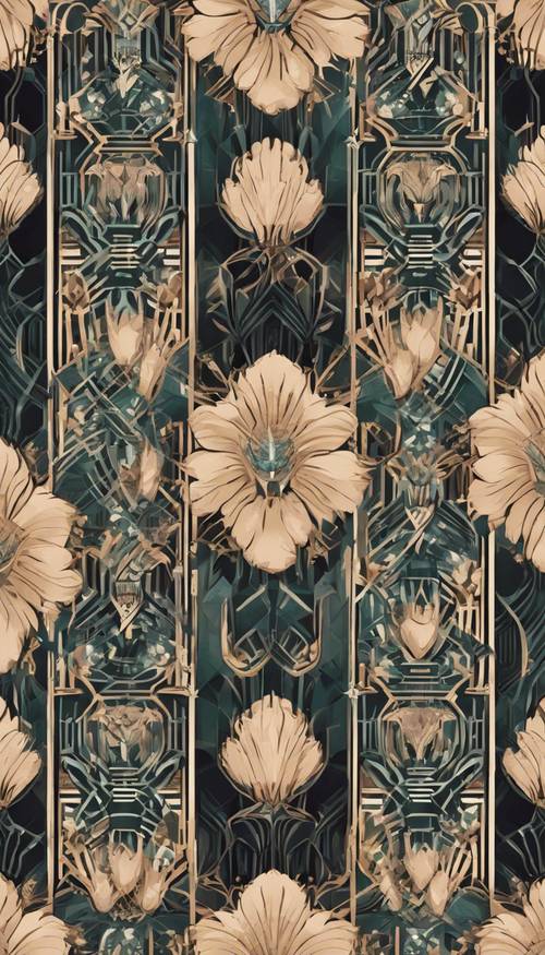 Ein elegantes, symmetrisches Muster im Art-Deco-Stil, bestehend aus stark stilisierten natürlichen und floralen Elementen.