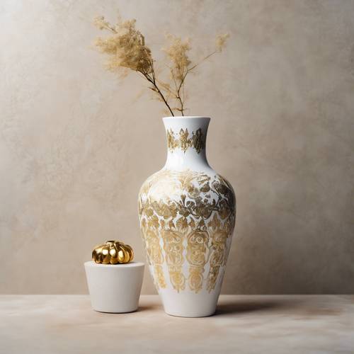 Elegancki, nowoczesny wazon ceramiczny w kolorze białym ozdobiony malowanymi złotymi wzorami adamaszku.