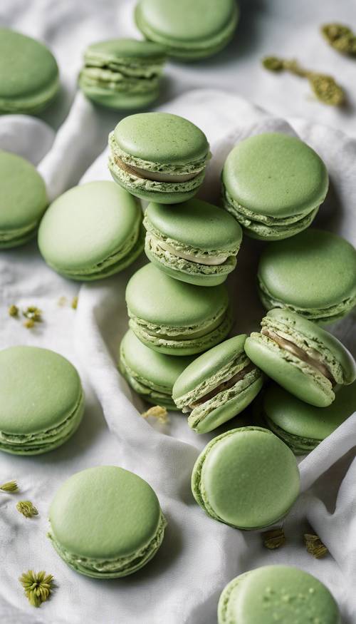 Tre macaron al matcha verde chiaro adagiati dolcemente su uno sfondo di lino bianco.