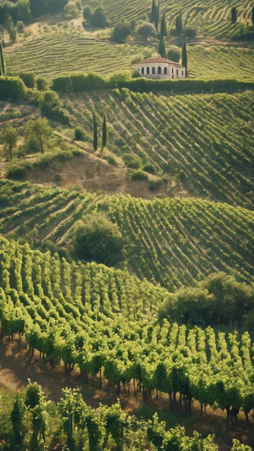 Красивая древнеримская мозаика, изображающая пышный зеленый виноградник под солнечным небом.