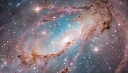 Galaksi berwarna pastel yang jauh, hanya terlihat melalui lensa teleskop Hubble.