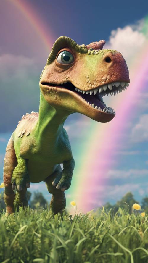 Ein skurriles Bild eines Cartoon-ähnlichen Dinosauriers auf einer üppigen Wiese unter einem Regenbogen.