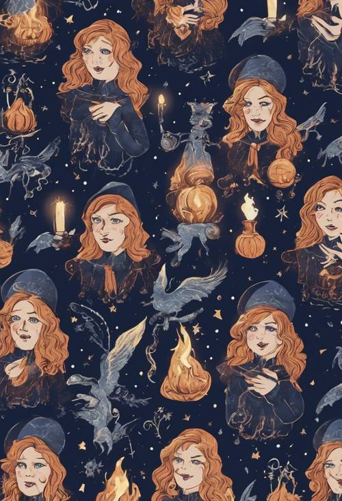 A pattern of vintage-styled witches conjuring magic and spell on a deep navy background.