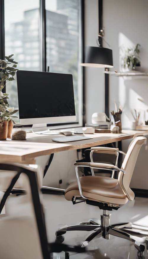 Ein sauberer und frischer moderner Büroraum mit neutralen Farben, komfortablen Arbeitsplätzen und viel natürlichem Licht.