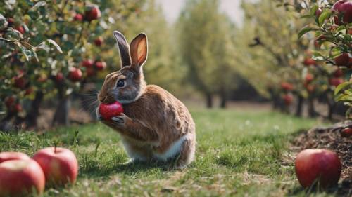 A wild rabbit munching on a red apple next to an orchard.