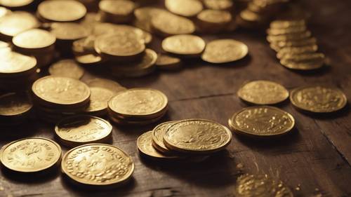 Monedas de oro brillantes esparcidas sobre una vieja mesa de roble en una habitación con poca luz