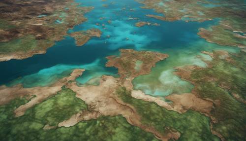 Графическое изображение Земли, демонстрирующее разнообразные оттенки синих вод, разделенных зеленой и коричневой сушей.