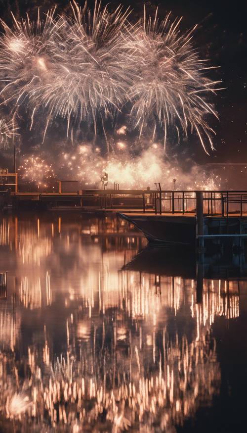 Mirror-like aesthetic view of fireworks reflecting in water at a city dock on New Year's Eve.