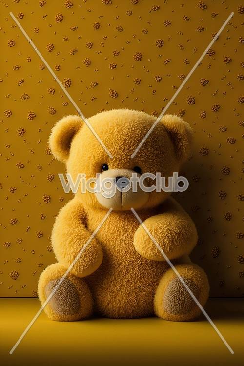 Lindo y acogedor oso de peluche sobre un fondo amarillo estampado
