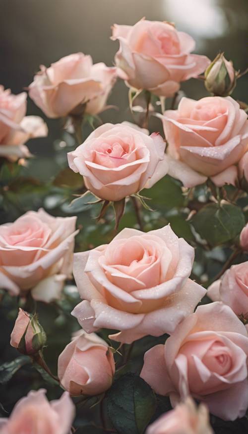 Krzew pastelowych róż w delikatnym porannym świetle.