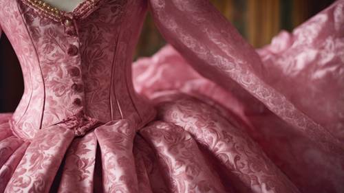 Kain damask berwarna merah jambu yang kaya dijahit menjadi gaun wanita era Victoria