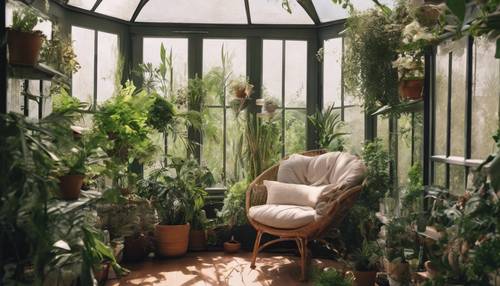 Un acogedor rincón de lectura en el solárium lleno de plantas, un lugar perfecto para relajarse en una tarde de verano.