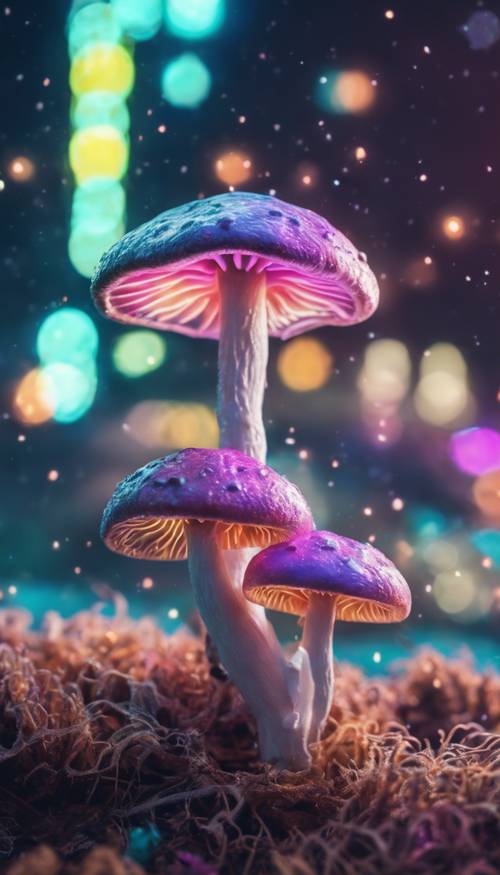 超現實的柔和蘑菇，在夜間閃爍著霓虹燈的斑點。