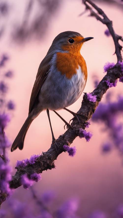Seekor burung robin bertengger di dahan dengan latar belakang fajar berwarna ungu muda.