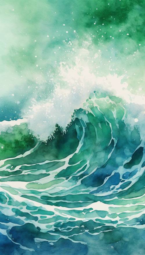 Uma pintura em aquarela representando a mistura de ondas azuis e verdes no oceano.