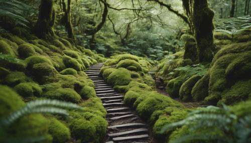 A clear path winding through a Japanese forest covered in moss and ferns.