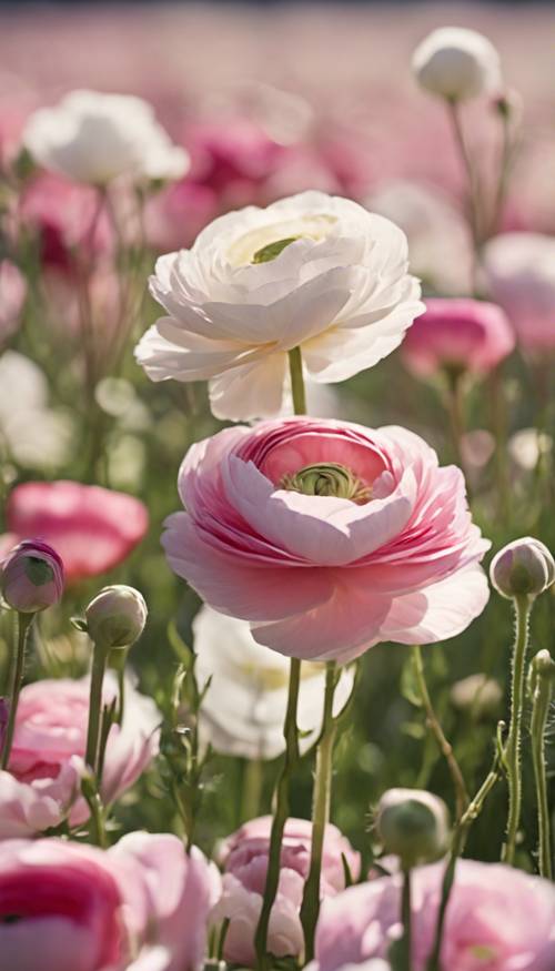 Ladang yang penuh dengan bunga ranunculus berwarna merah muda dan putih yang mekar di bawah sinar matahari yang cerah.