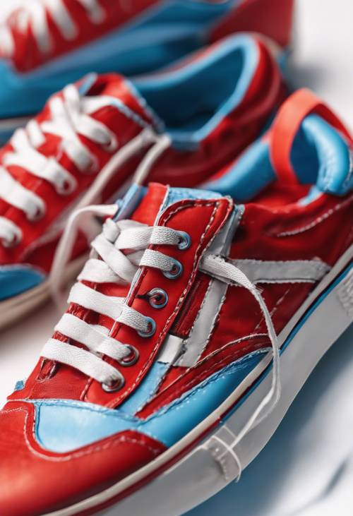 Sepasang sepatu kets, satu berwarna merah menyala dan satu lagi berwarna biru sejuk, dengan latar belakang putih.