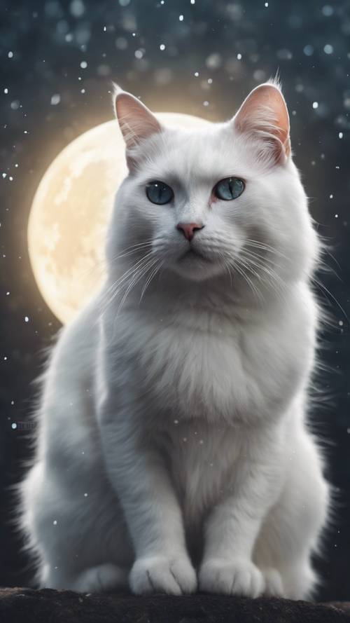 An enigmatic white cat sitting under a full moon.
