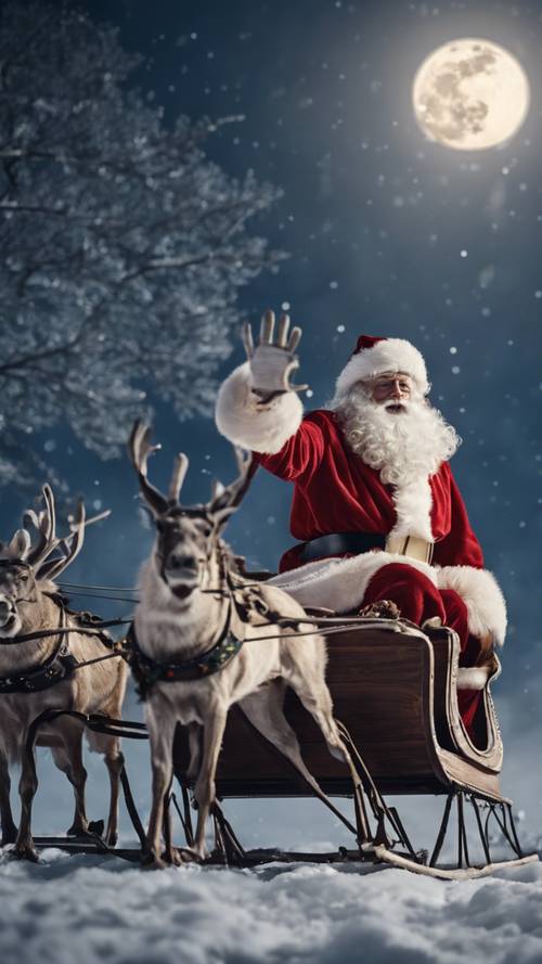 聖誕夜，聖誕老公公駕著雪橇迎著滿月飛行。